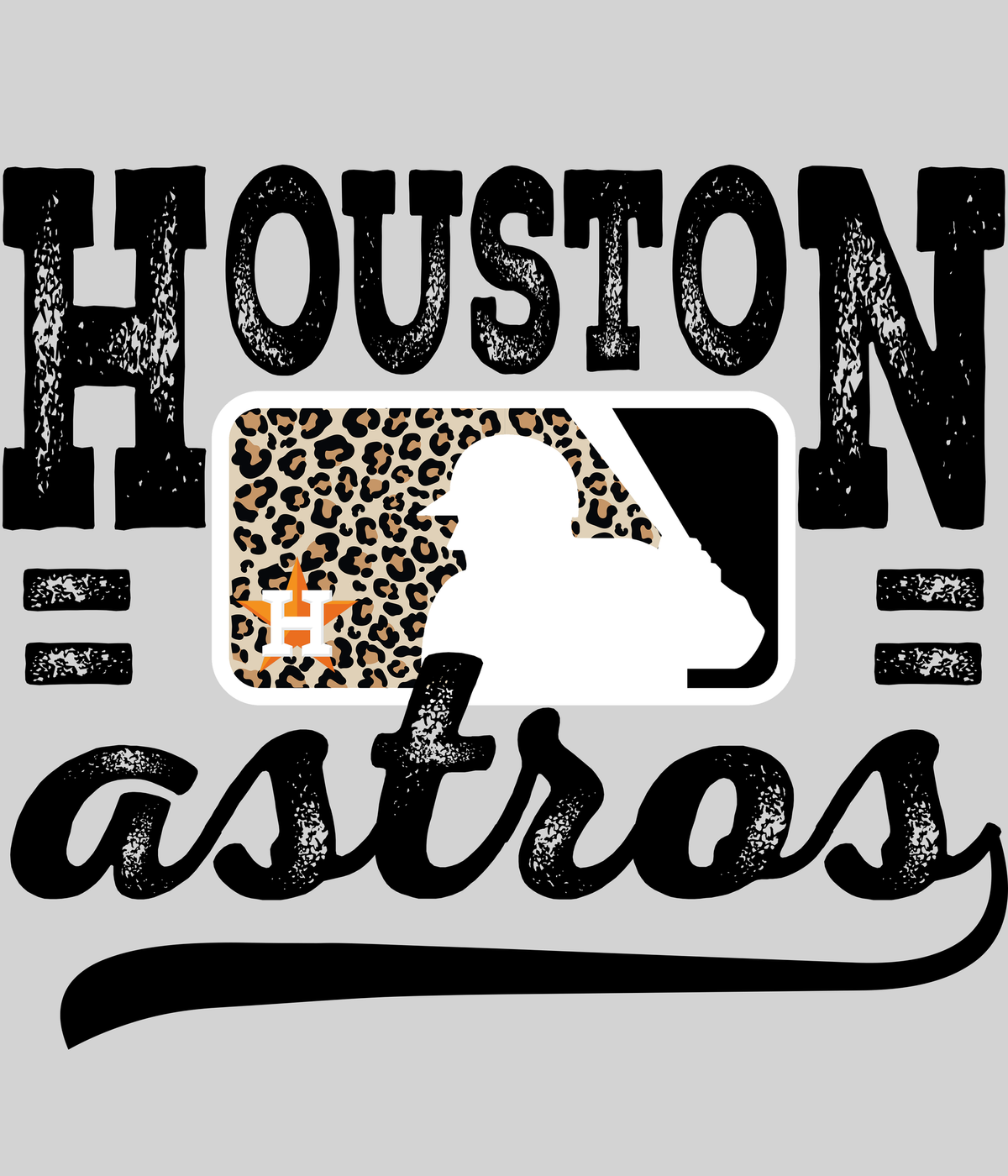 Houston Astross Leopard Baseball DTF transfer on a light grey display background