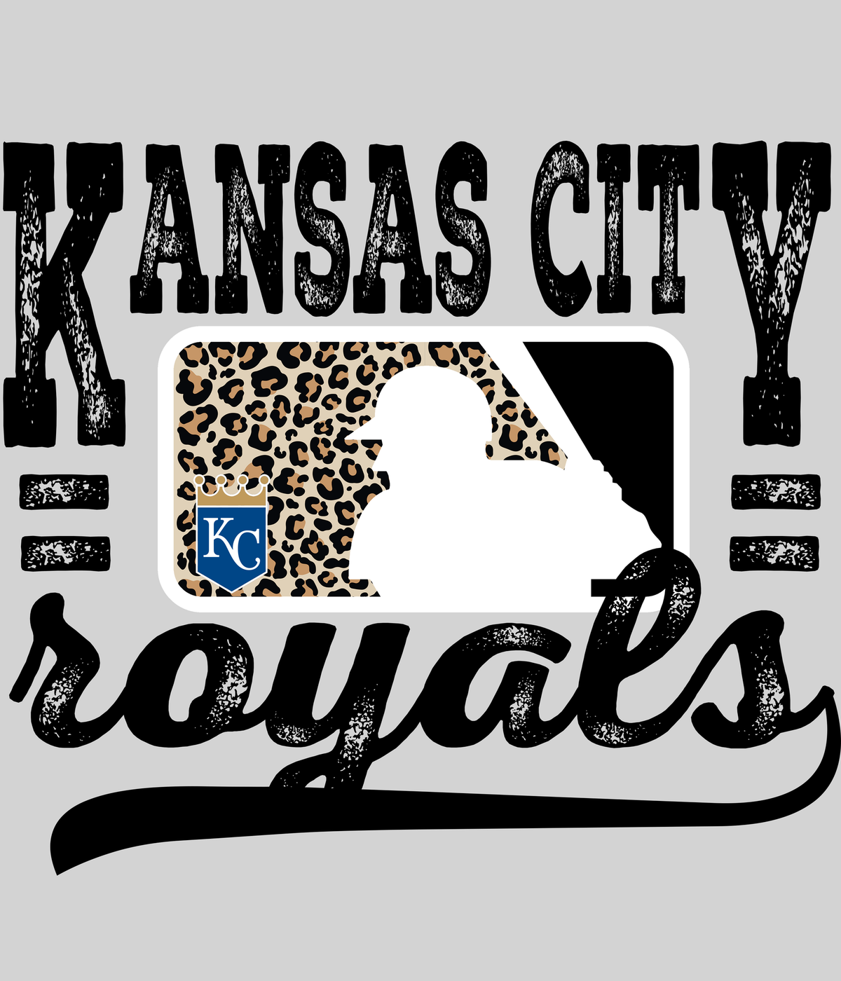Kansas City Royalss Leopard Baseball DTF transfer on a light grey display background