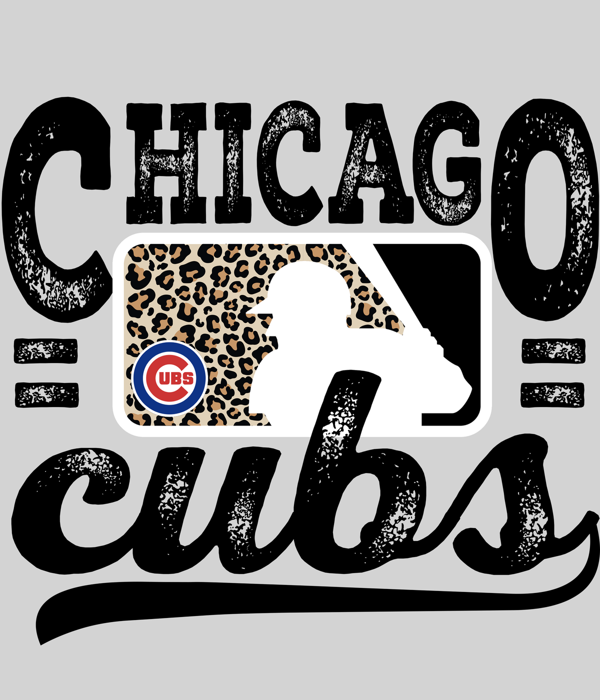 Chicago Cubss Leopard Baseball DTF transfer on a light grey display background