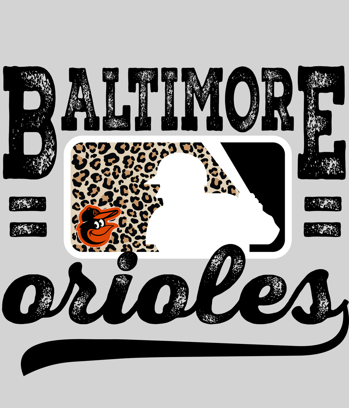 Baltimore Orioless Leopard Baseball DTF transfer on a light grey display background