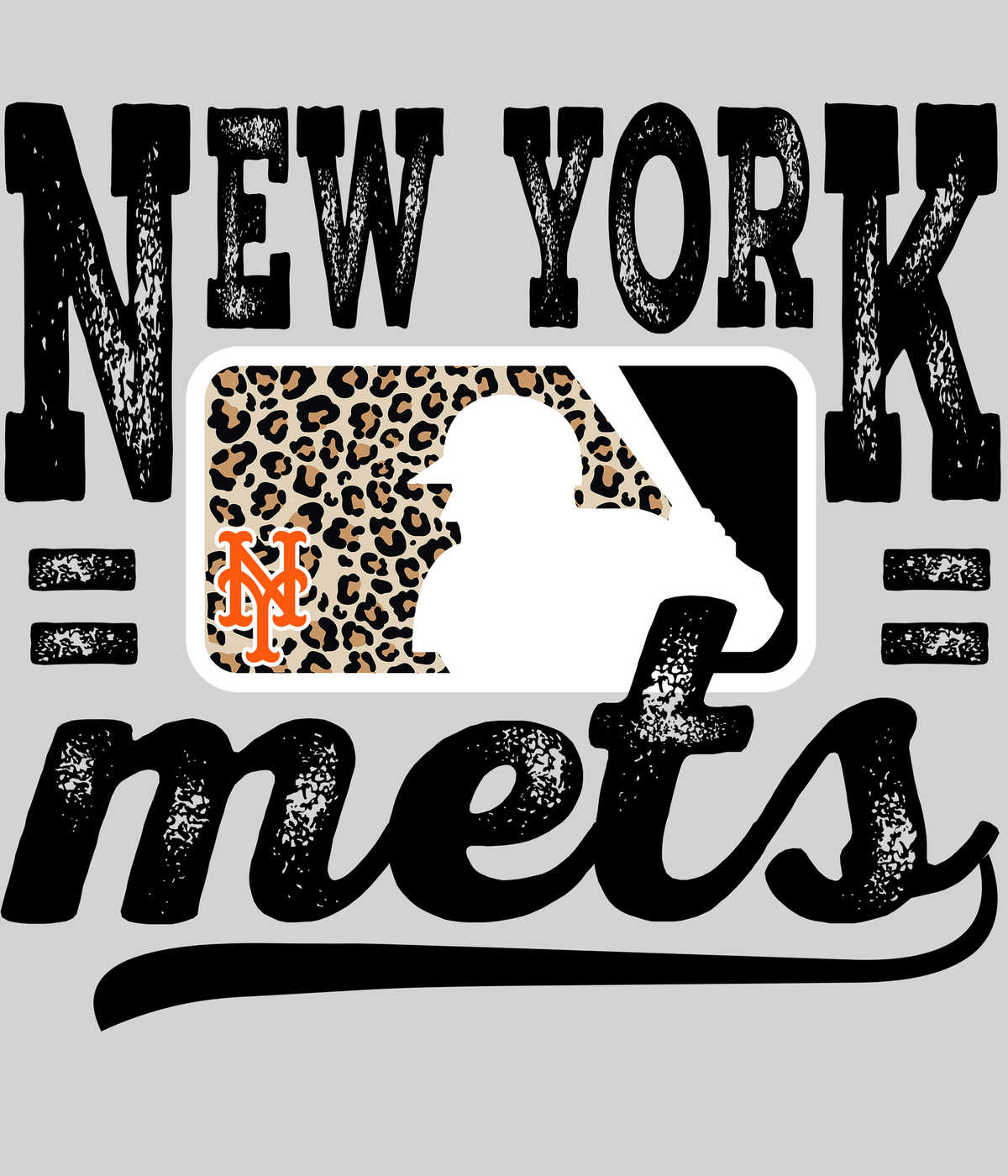 NY Metss Leopard Baseball DTF transfer on a light grey display background