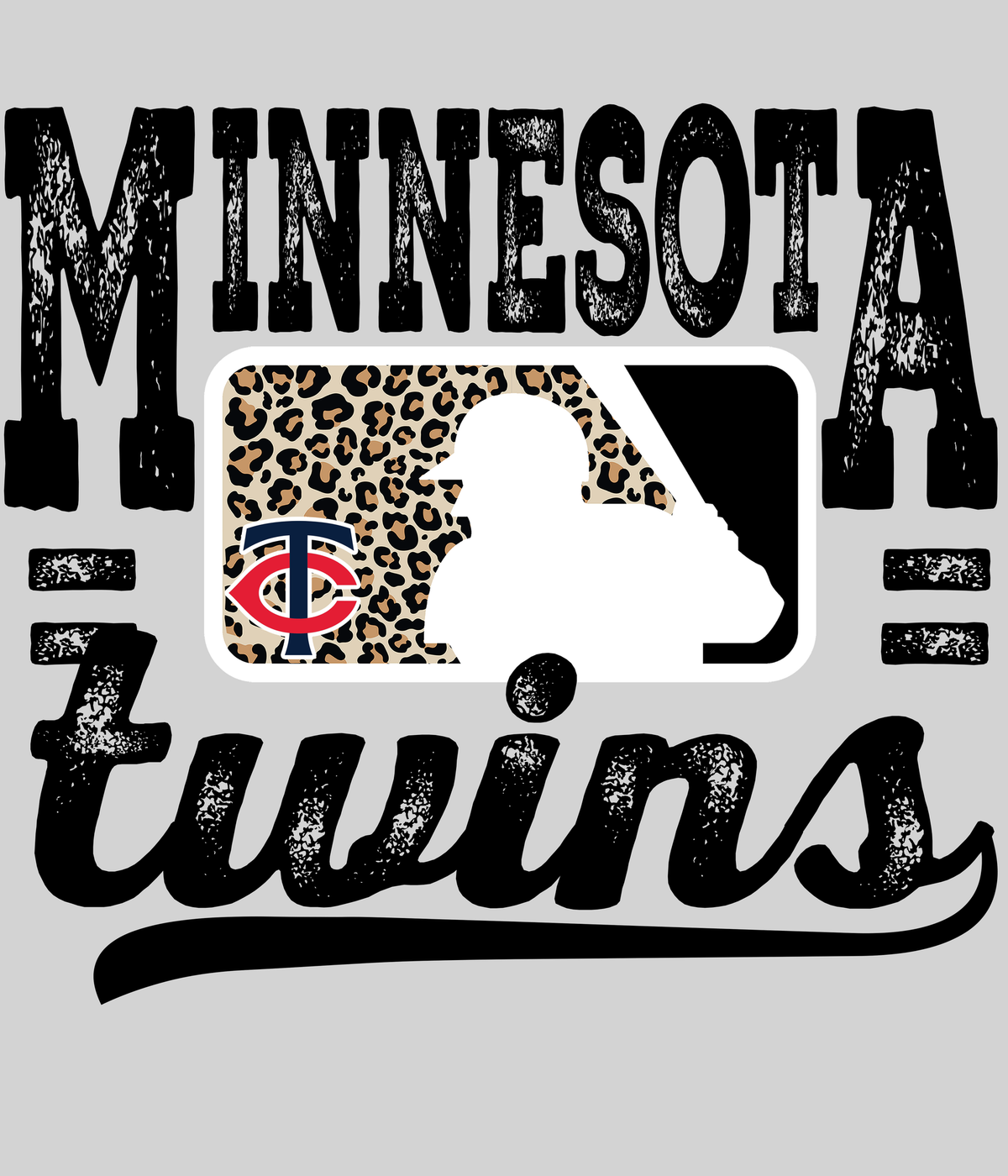 Minnesota Twinss Leopard Baseball DTF transfer on a light grey display background