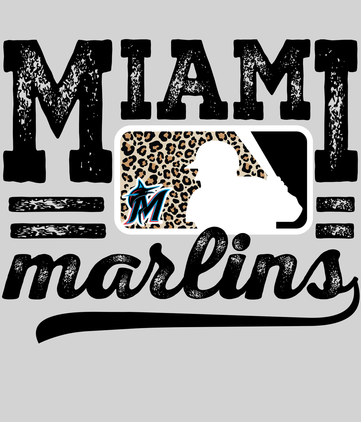 Miami Marlinss Leopard Baseball DTF transfer on a light grey display background