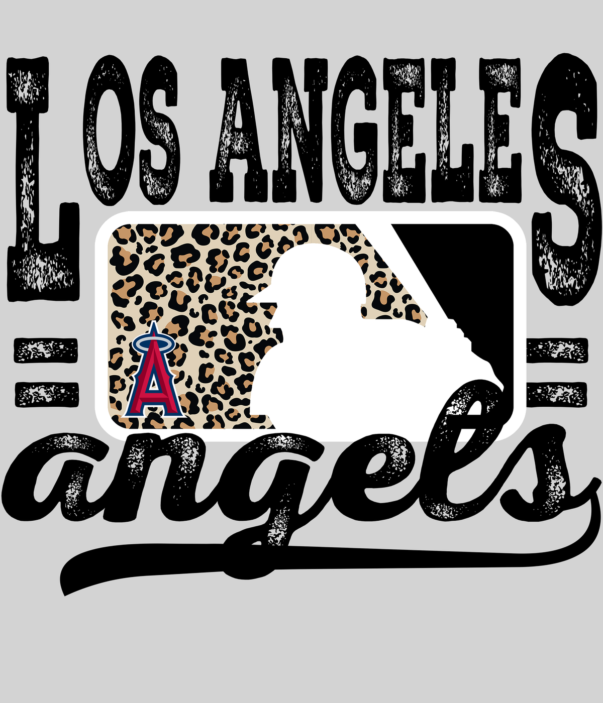LA Angelss Leopard Baseball DTF transfer on a light grey display background