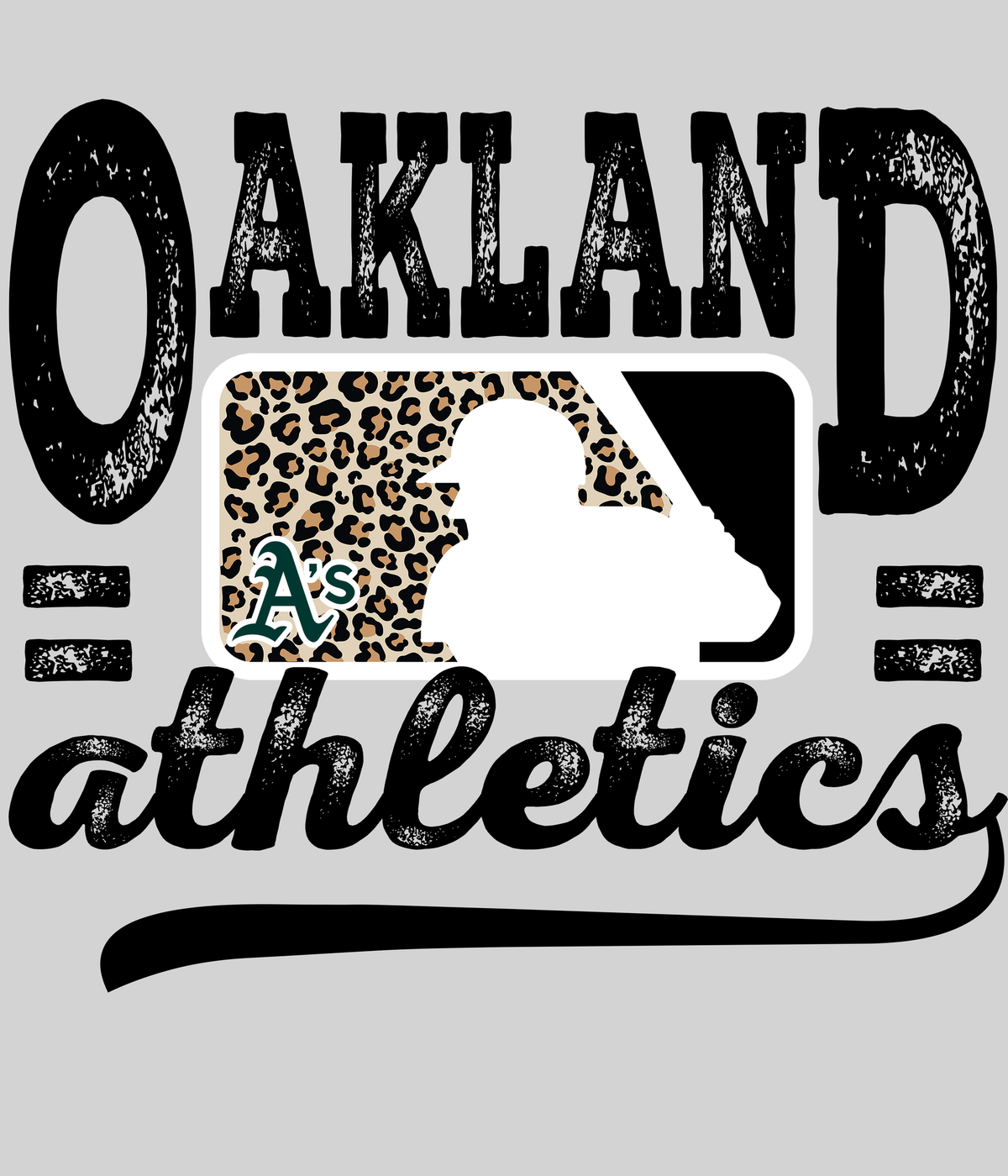 Oakland Athleticss Leopard Baseball DTF transfer on a light grey display background