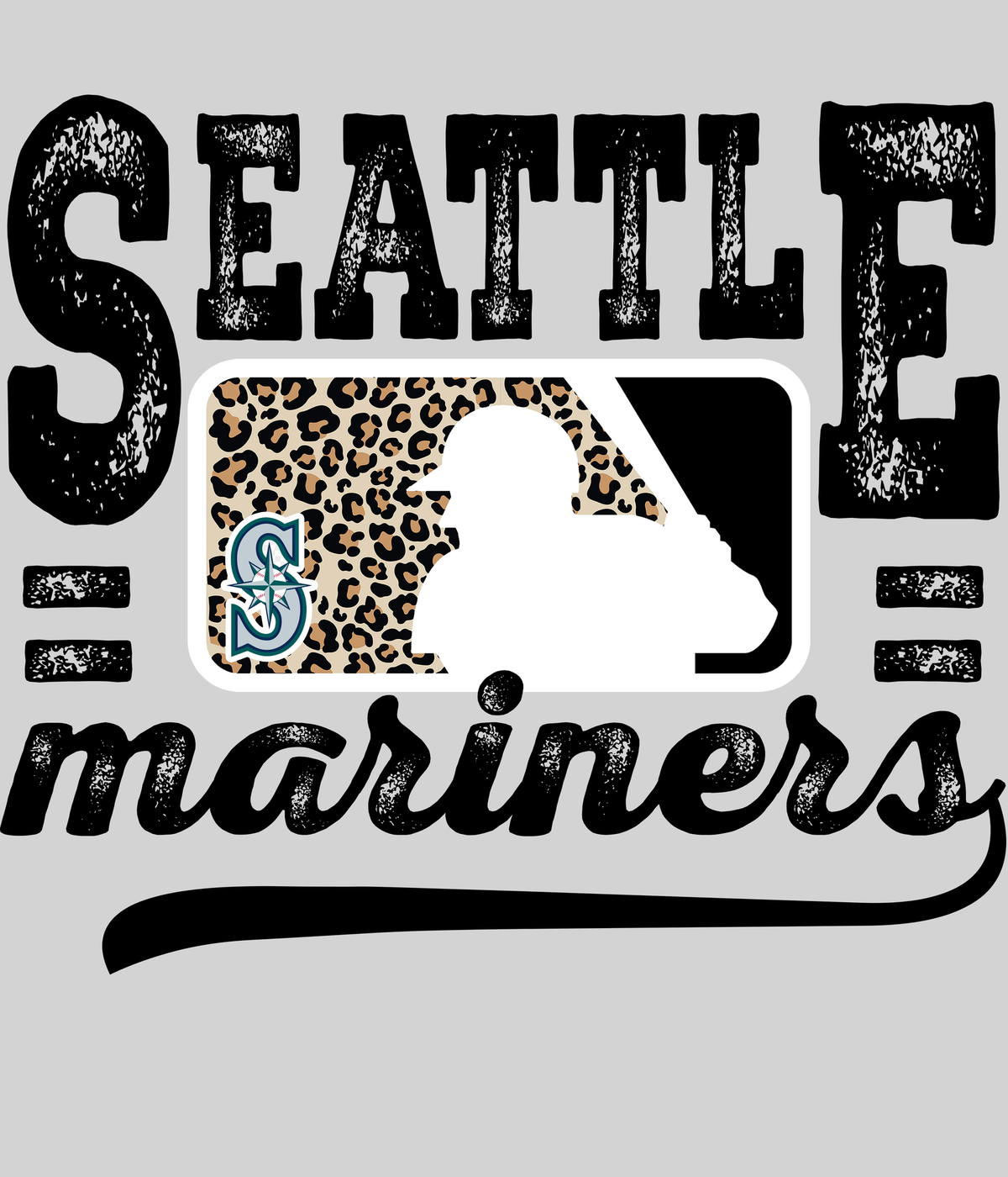 Seattle Marinerss Leopard Baseball DTF transfer on a light grey display background