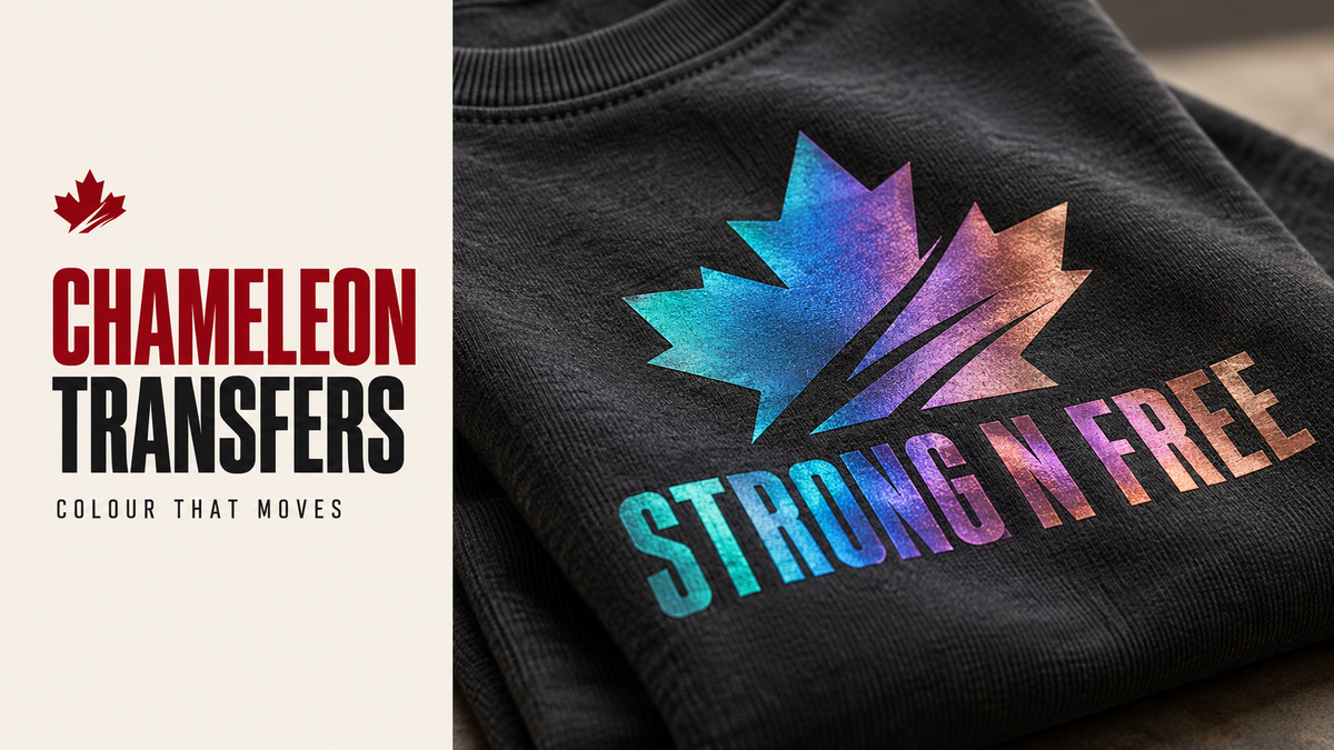 Strong N Free Chameleon Transfers — original iridescent maple leaf design on dark fabric in a wide cream, red and charcoal layout