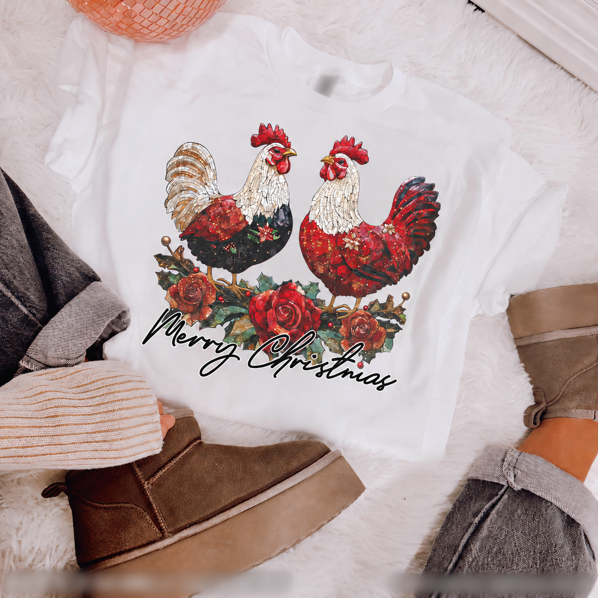 Merry Christmas Floral Rooster Pair printed garment design preview