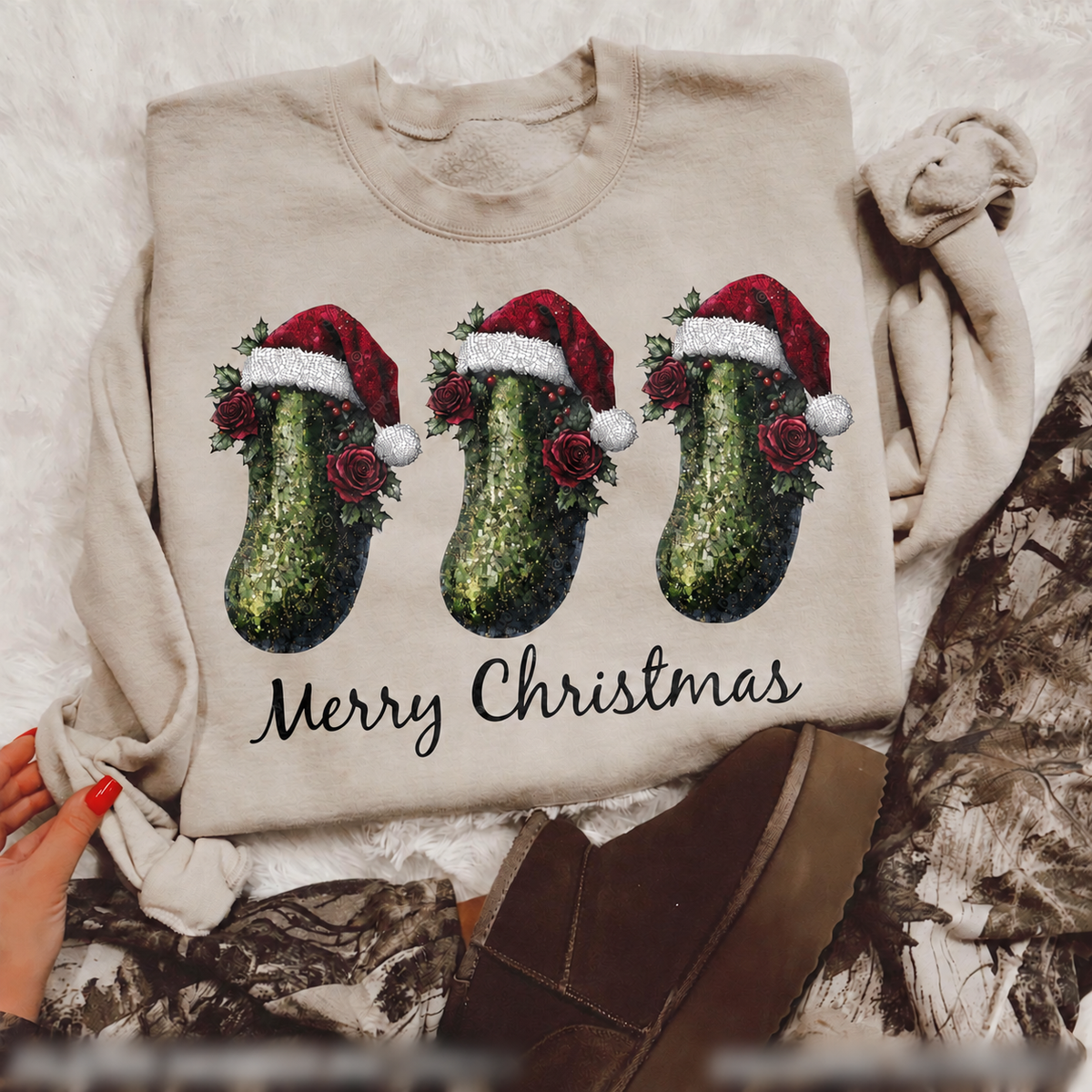 Merry Christmas Pickles in Santa Hats printed garment design preview