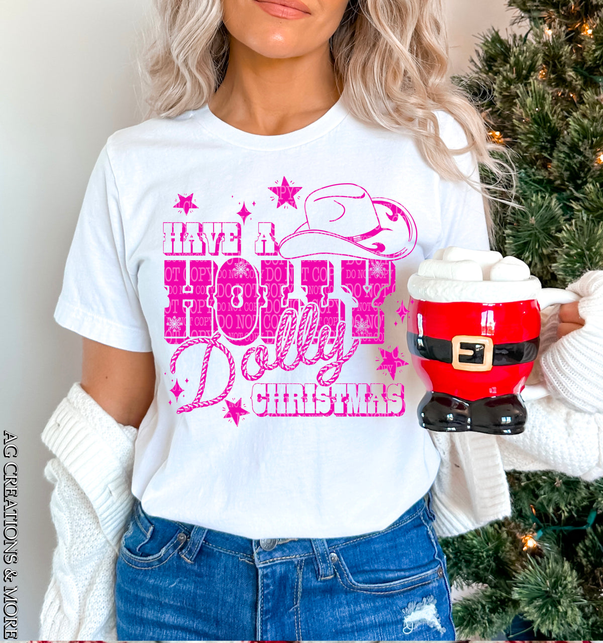Have a Holly Dolly Christmas – Pink Western DTF transfer shown on a garment