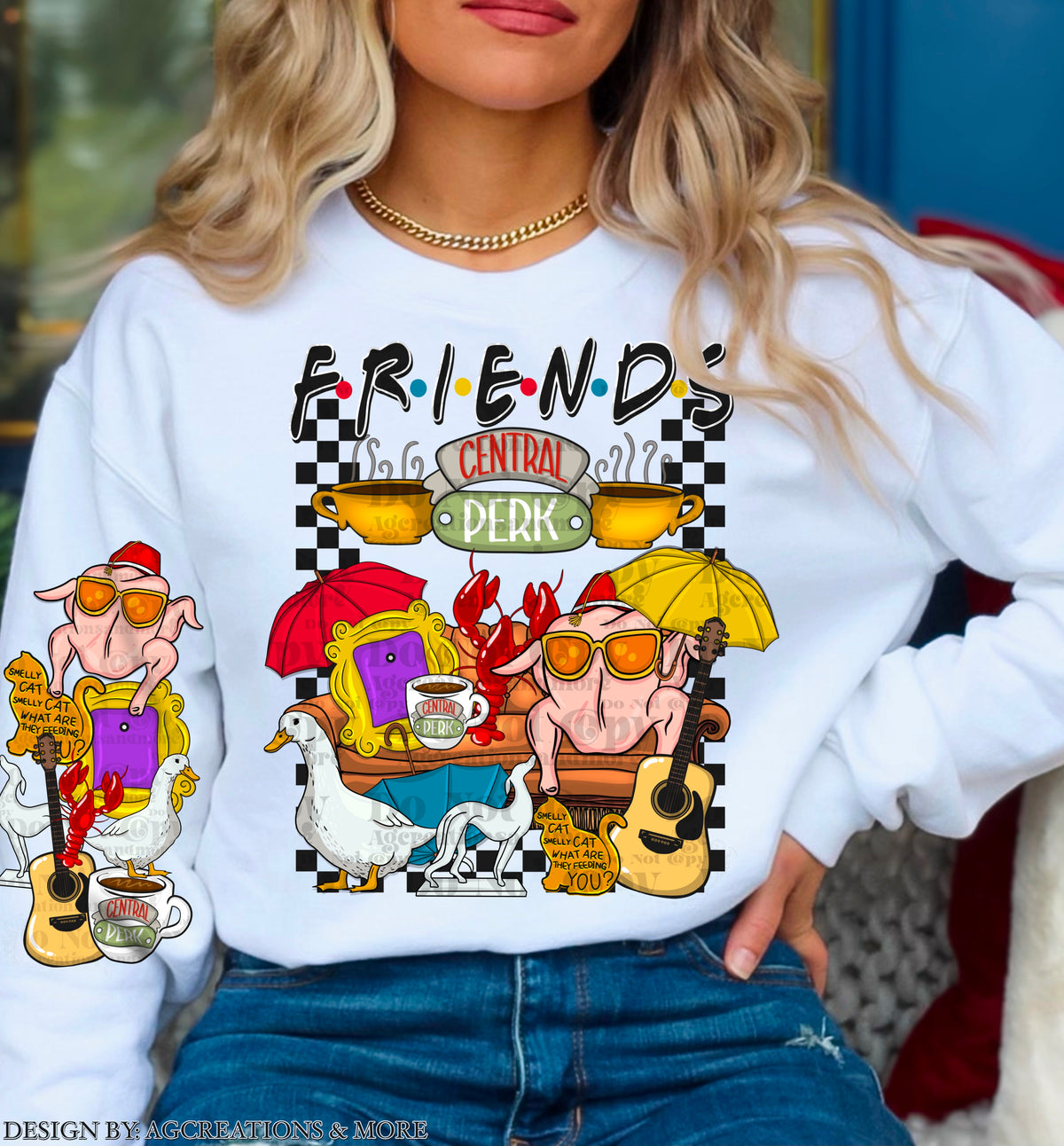 Friendss – Central Perk Christmas Collage DTF transfer shown on a garment; sleeve transfer sold separately
