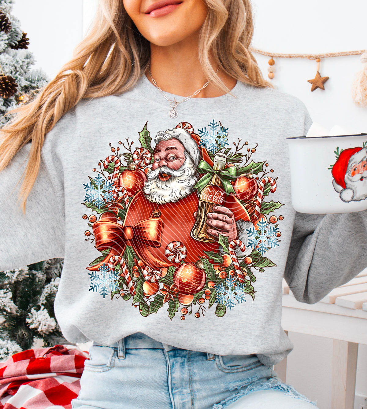 Vintage Santa – Bottle and Christmas Greenery DTF transfer shown on a garment