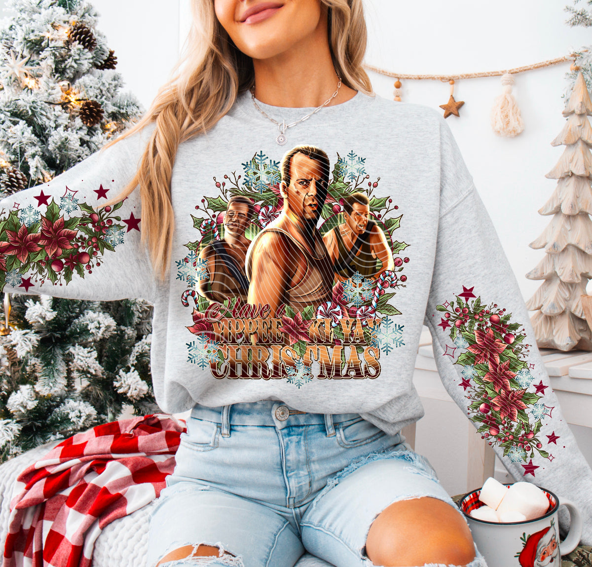 Die Hardd – Yippee Ki Yay Christmas – Sleeve Print Offered DTF transfer shown on a garment; sleeve transfer sold separately