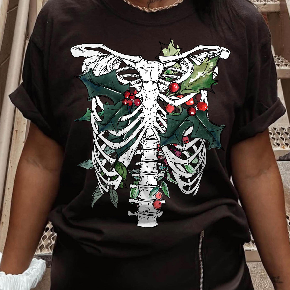 Christmas Holly Skeleton Ribcage printed garment design preview