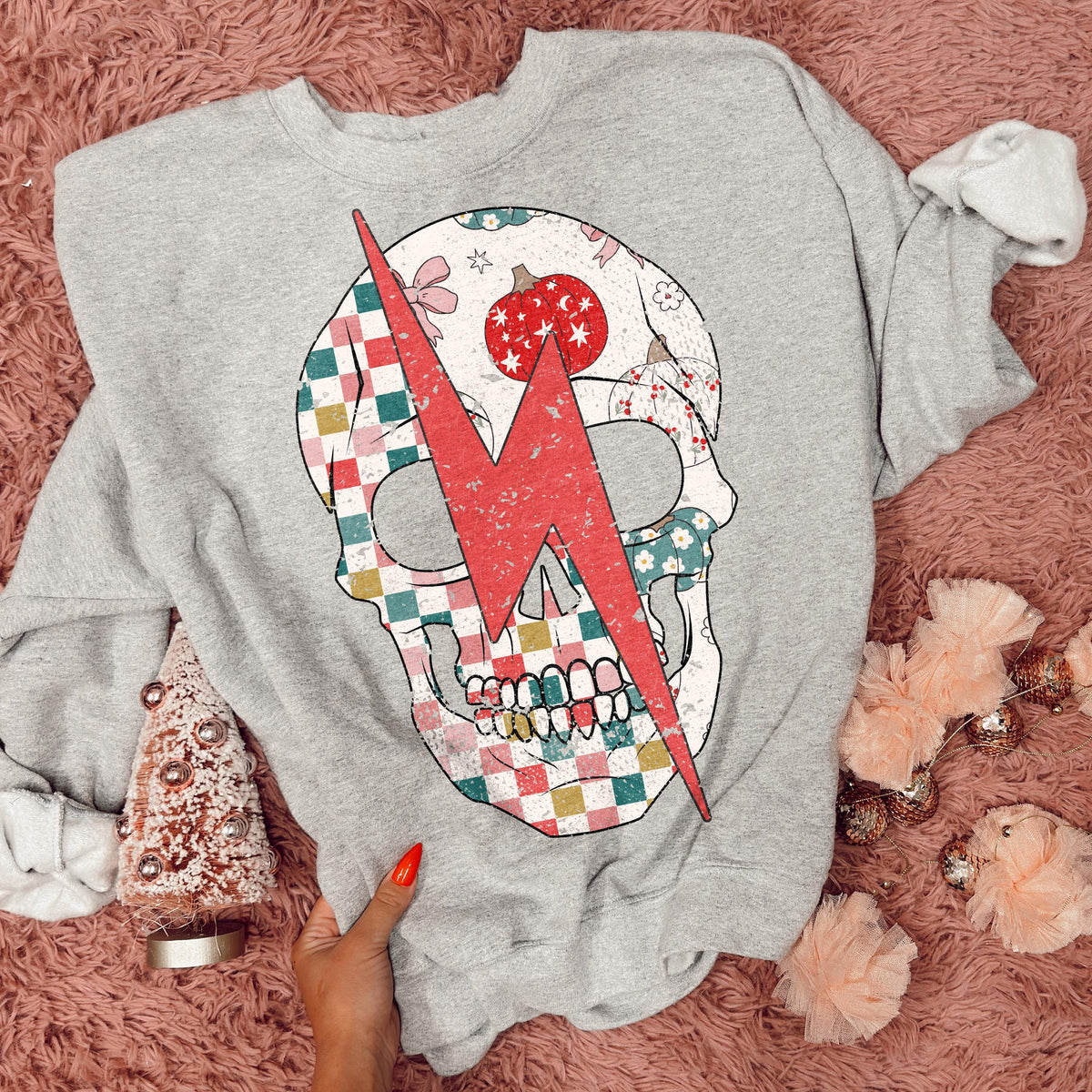 Christmas Patchwork Skull and Lightning Bolt printed garment design preview