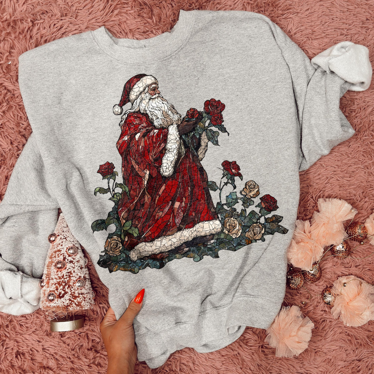 Vintage Mosaic Santa with Roses printed garment design preview