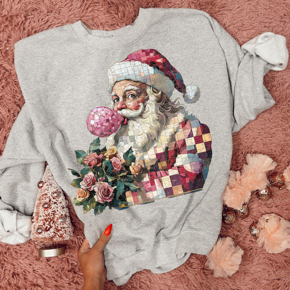 Patchwork Santa with Bubblegum and Roses printed garment design preview