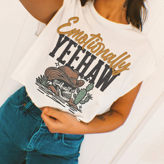 Emotionally Yeehaw printed garment design mockup