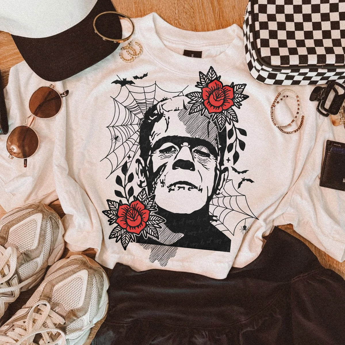 Frankenstein and Roses printed garment design mockup