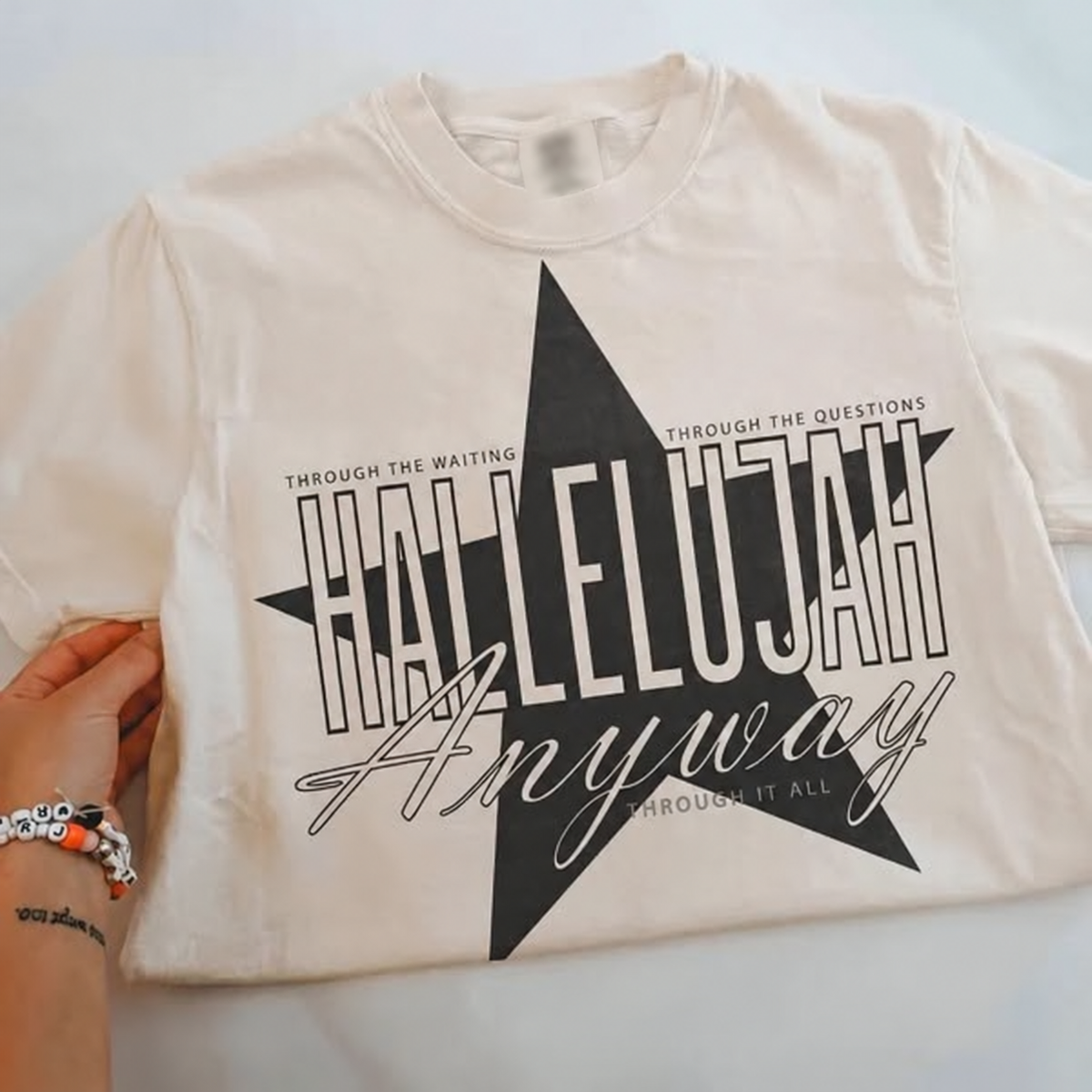 Hallelujah Anyway printed garment design mockup