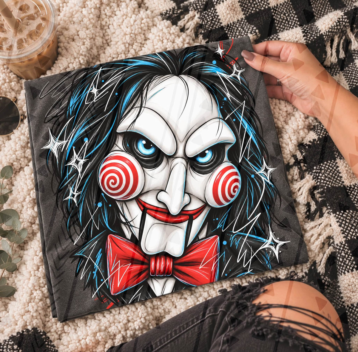 Billy Puppet Red Bow Tie DTF transfer design shown on a garment mockup; transfer only