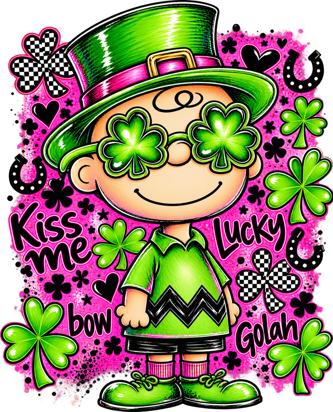 Charliee Brown in a green hat and shamrock glasses against bright pink pop art with hearts, horseshoes and checkerboard shamrocks
