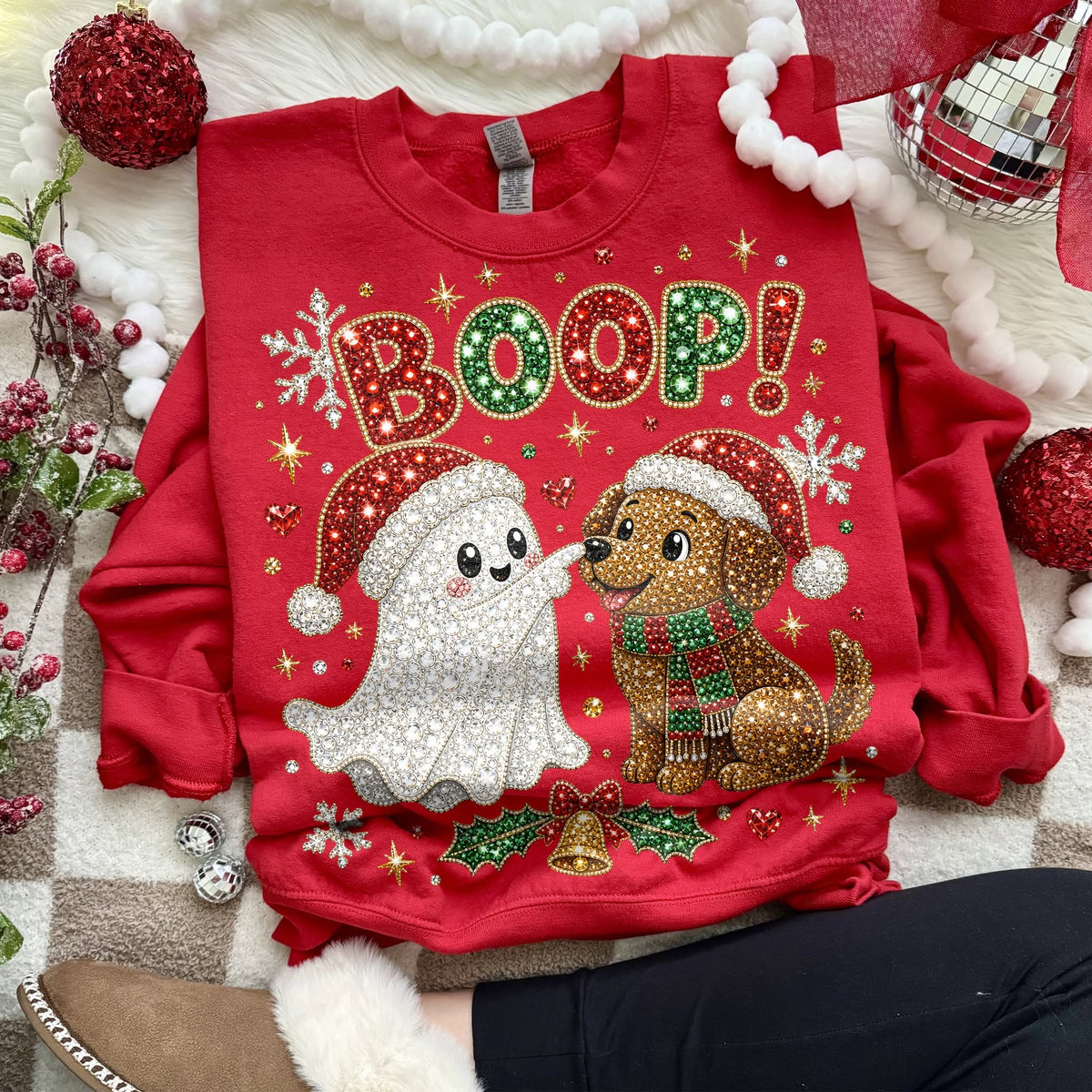 Christmas Boop – Ghost and Gingerbread Friends DTF transfer shown on a garment mockup; garment not included