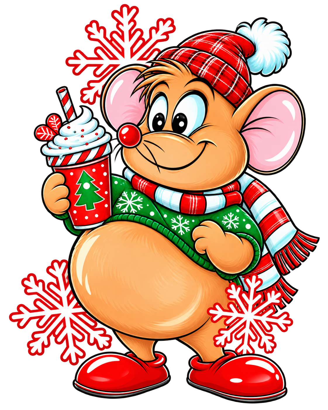 Cheerful Christmas mouse holding hot cocoa with a red plaid hat, green sweater and snowflakes - main DTF transfer design