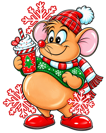 Cheerful Christmas mouse holding hot cocoa with a red plaid hat, green sweater and snowflakes - main DTF transfer design