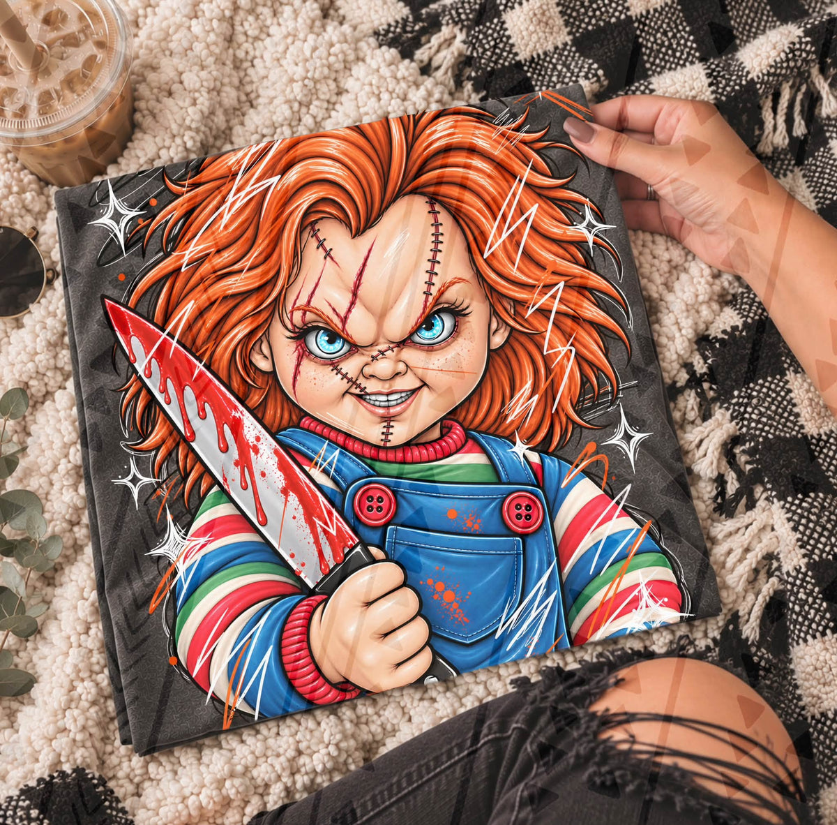 Chucky Neon Horror Portrait DTF transfer design shown on a garment mockup; transfer only