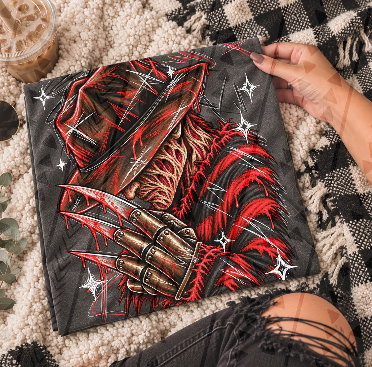 Freddy Red Neon Claw Portrait DTF transfer design shown on a garment mockup; transfer only