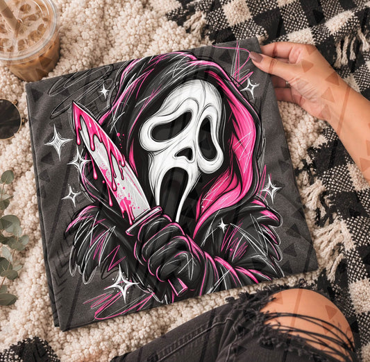 Ghostface Pink Neon Portrait DTF transfer design shown on a garment mockup; transfer only