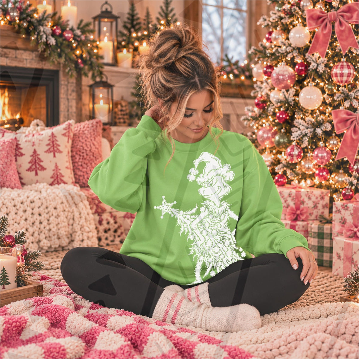 White Grinch wearing a decorated Christmas tree costume and Santa hat DTF transfer, displayed on a green sweatshirt; garment not included