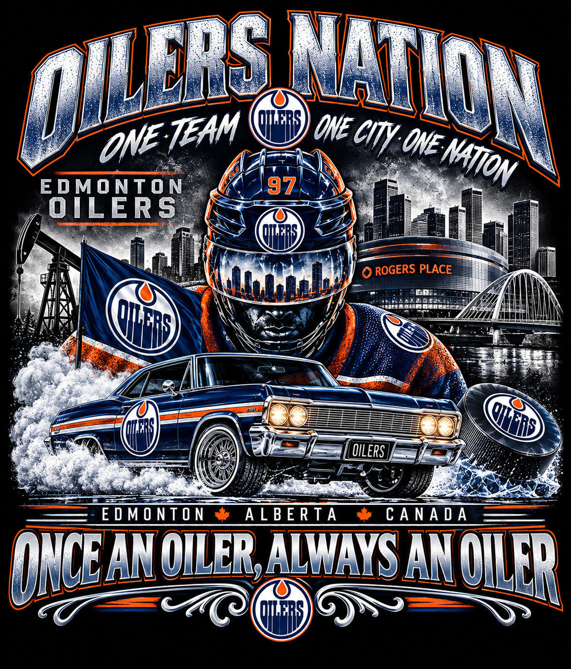 Oilers Nation Edmonton hockey collage with a helmet, classic car and city skyline