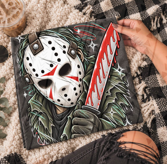 Jason Hockey Mask Horror Portrait DTF transfer design shown on a garment mockup; transfer only