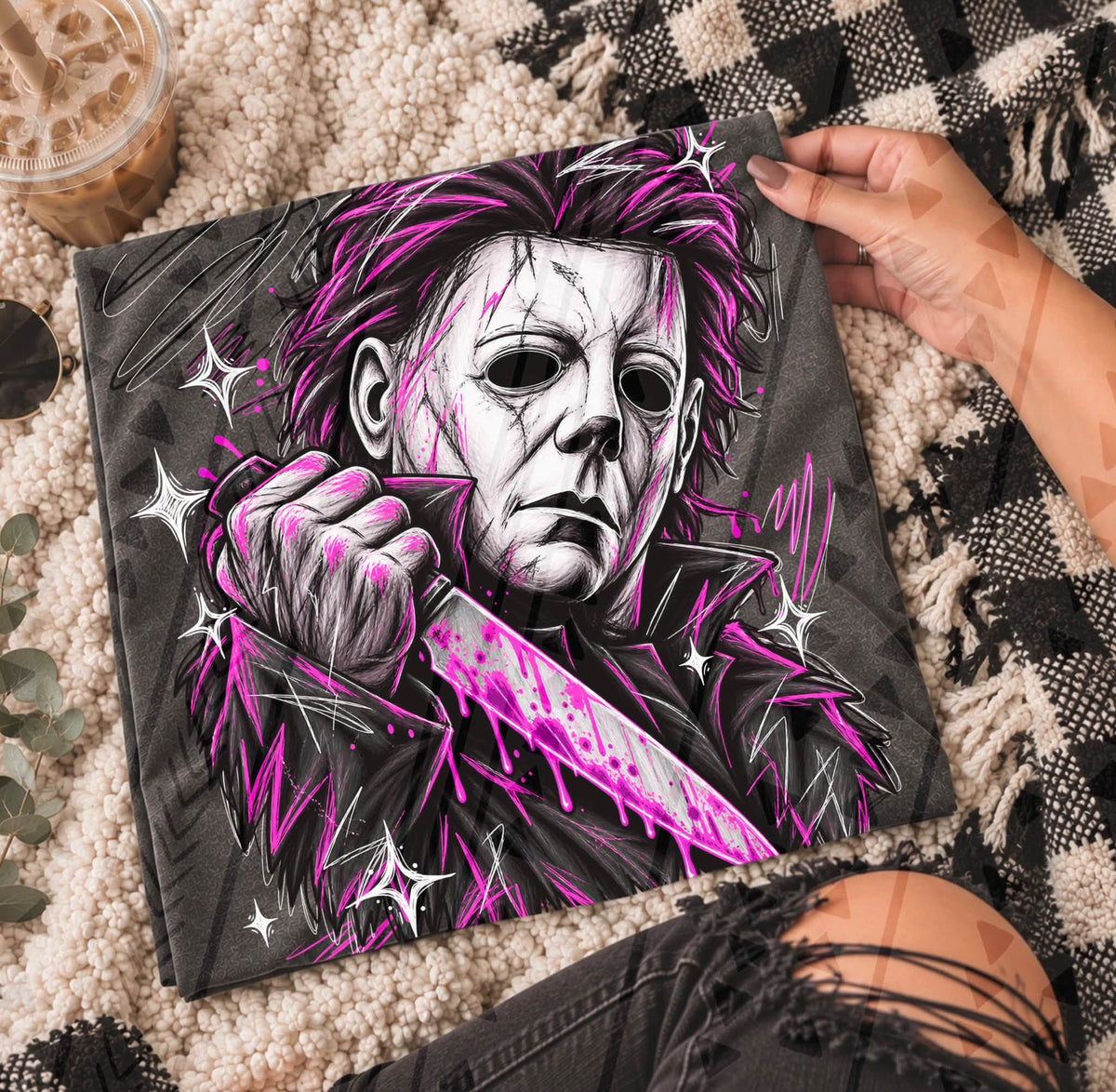Michael Myers Purple Neon Portrait DTF transfer design shown on a garment mockup; transfer only