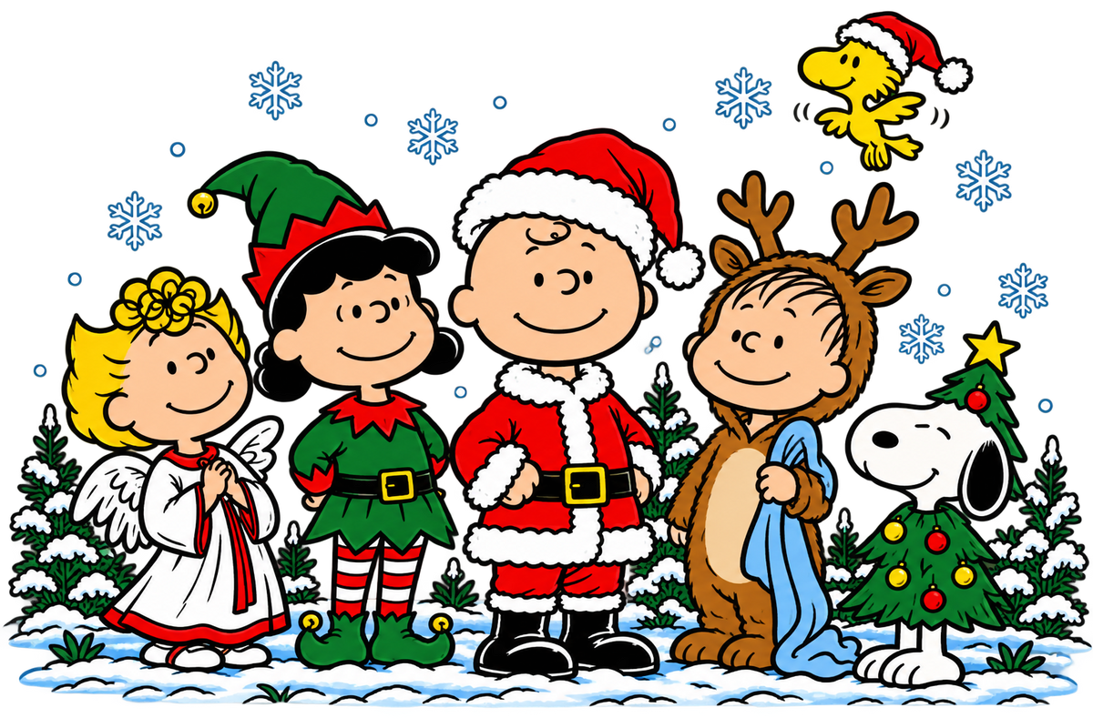 Peanuts friends in Christmas costumes with Snoopy and Woodstock