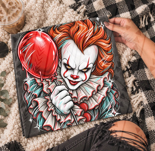 Pennywise Red Balloon Horror DTF transfer design shown on a garment mockup; transfer only