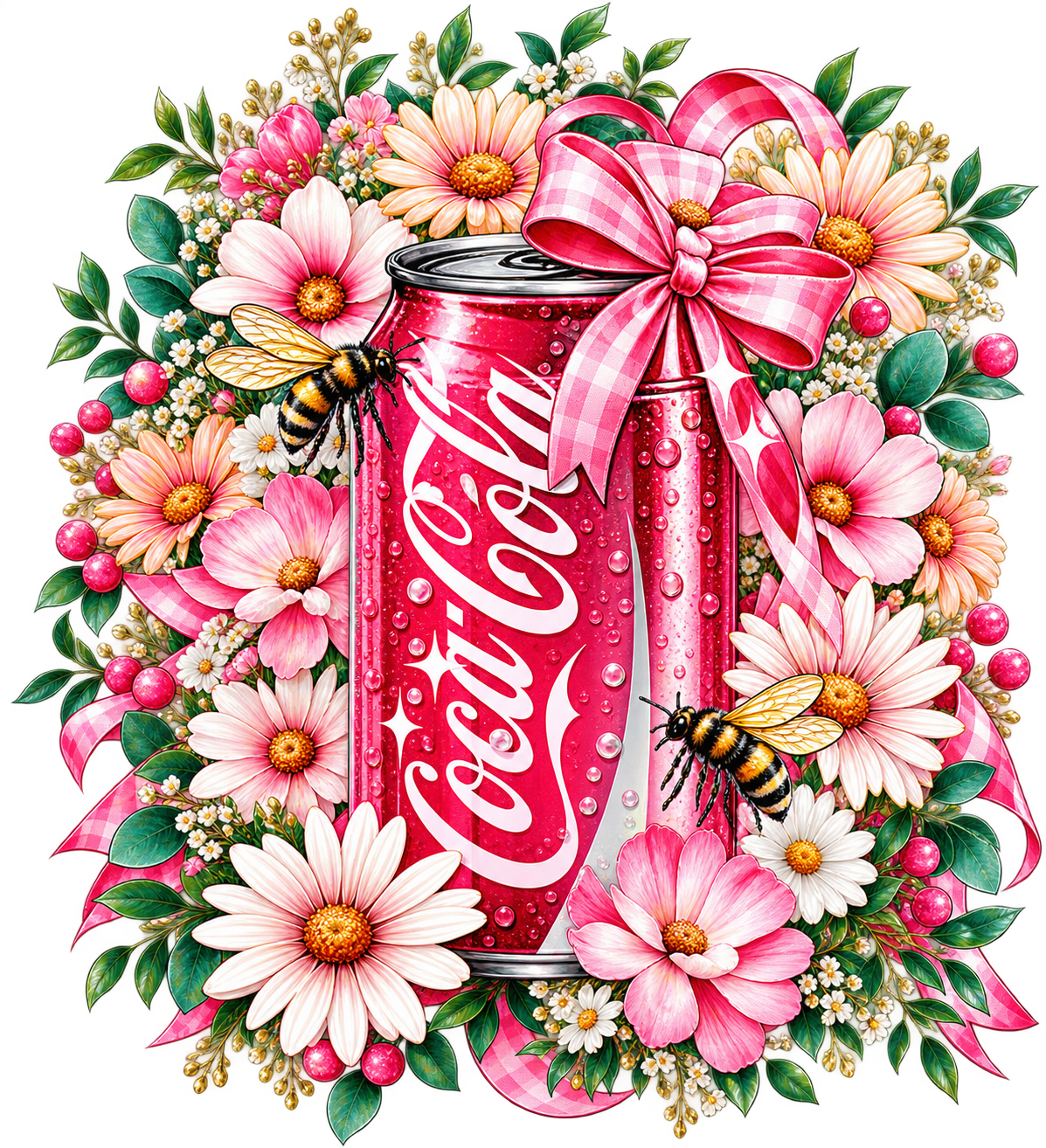 Pink Cokee can framed by pink and cream flowers, green leaves, bumblebees and a pink gingham bow