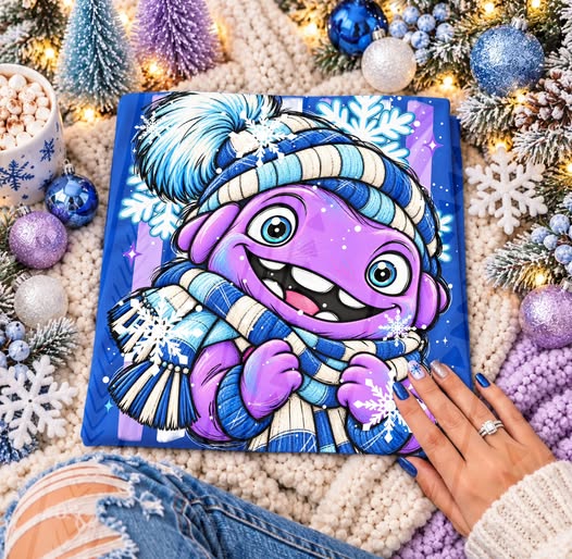 Purple winter monster with blue eyes, a blue-and-white knit hat and striped scarf, shown on a blue garment with Christmas decorations