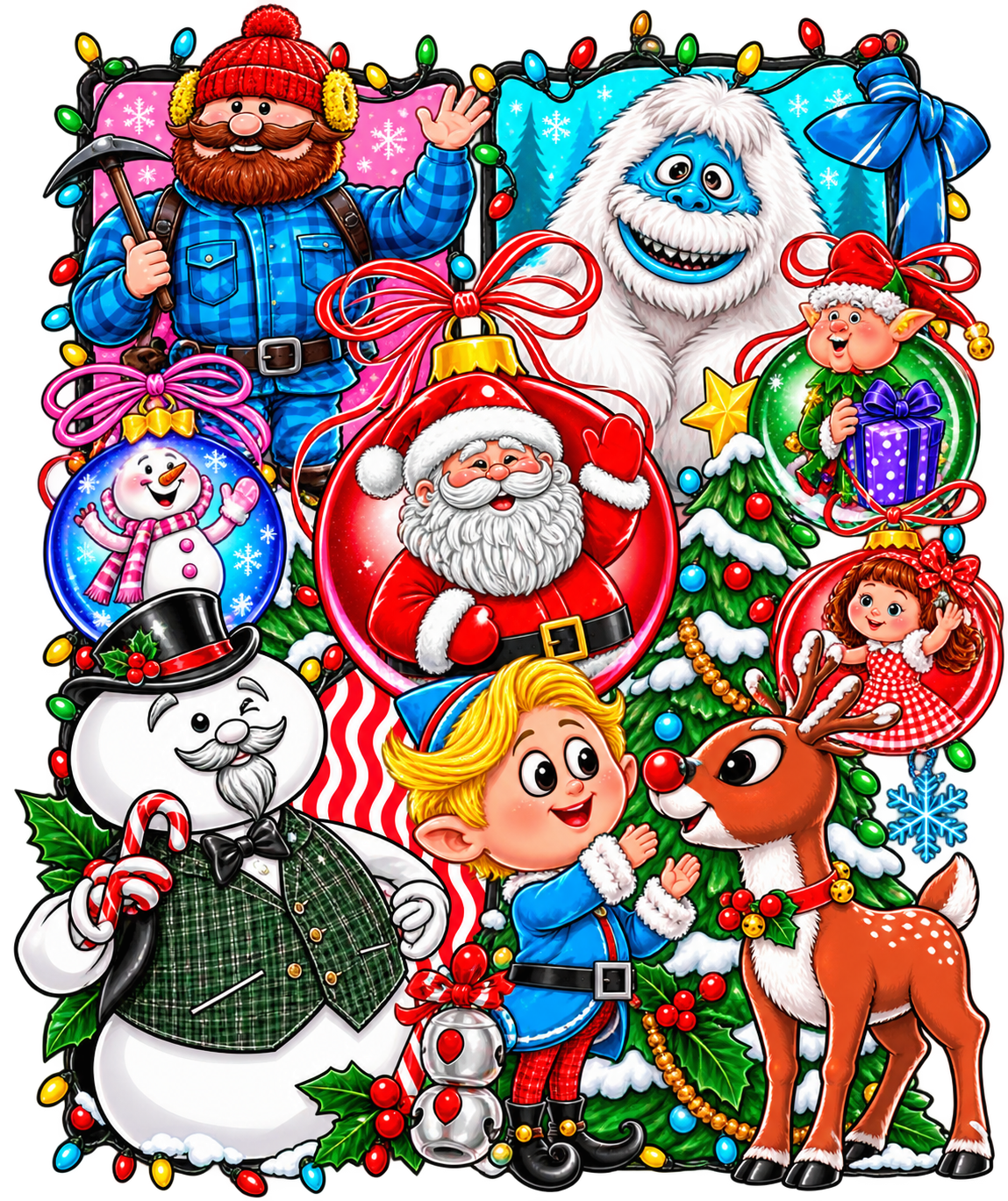 Rudolphh and friends Christmas character collage with Santa, elves, snowmen, a yeti, colourful ornaments and festive lights