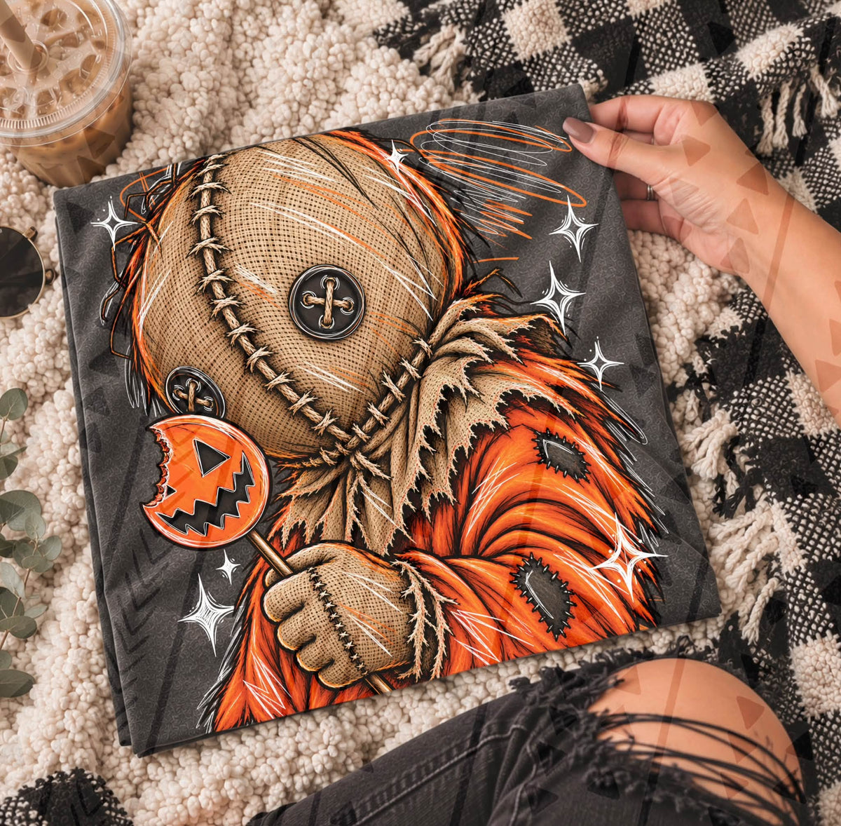 Sam Pumpkin Lollipop Halloween DTF transfer design shown on a garment mockup; transfer only