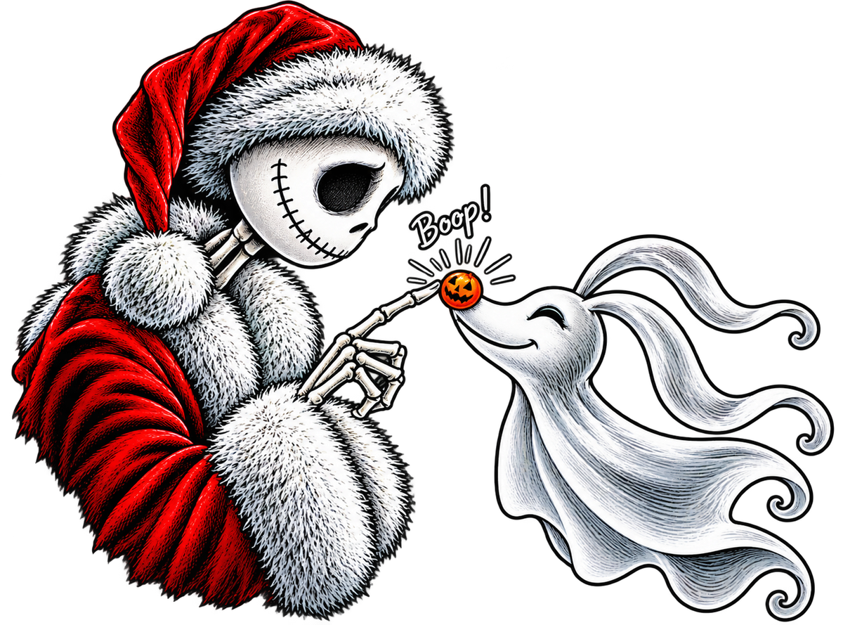 Santa Jack skeleton in a red Santa outfit booping the pumpkin nose of a smiling ghost dog; Christmas DTF transfer
