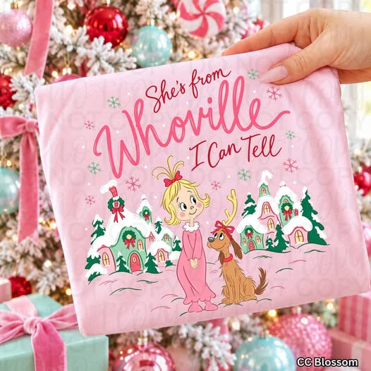 She's from Whoville I Can Tell Christmas design with a girl, dog and snowy village, shown on a pink garment; DTF transfer only