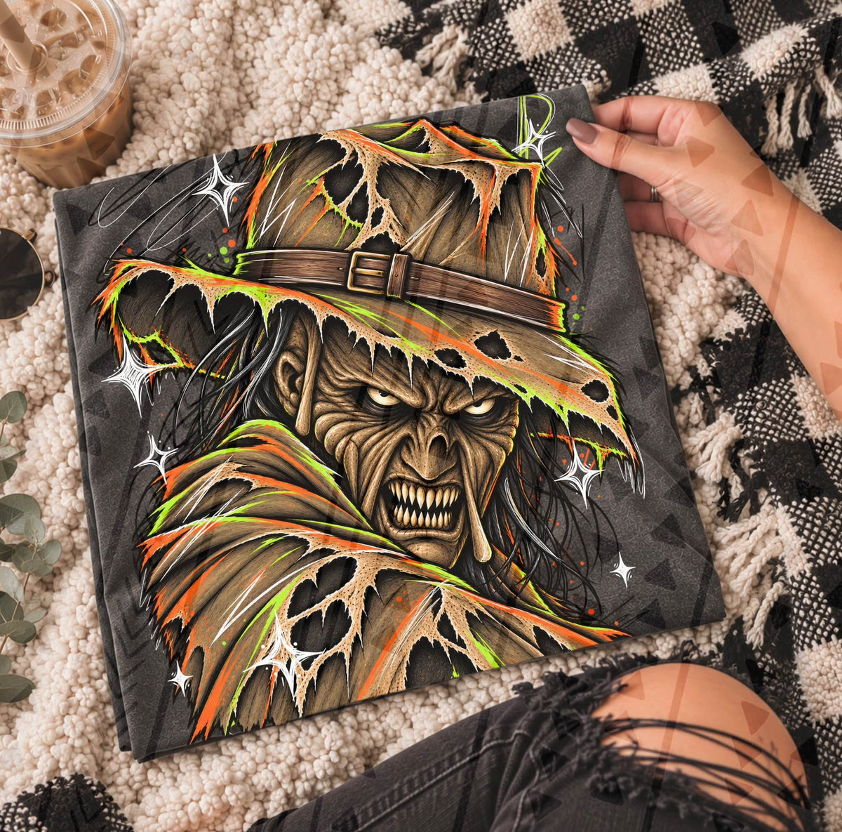 Sinister Scarecrow Autumn Horror DTF transfer design shown on a garment mockup; transfer only