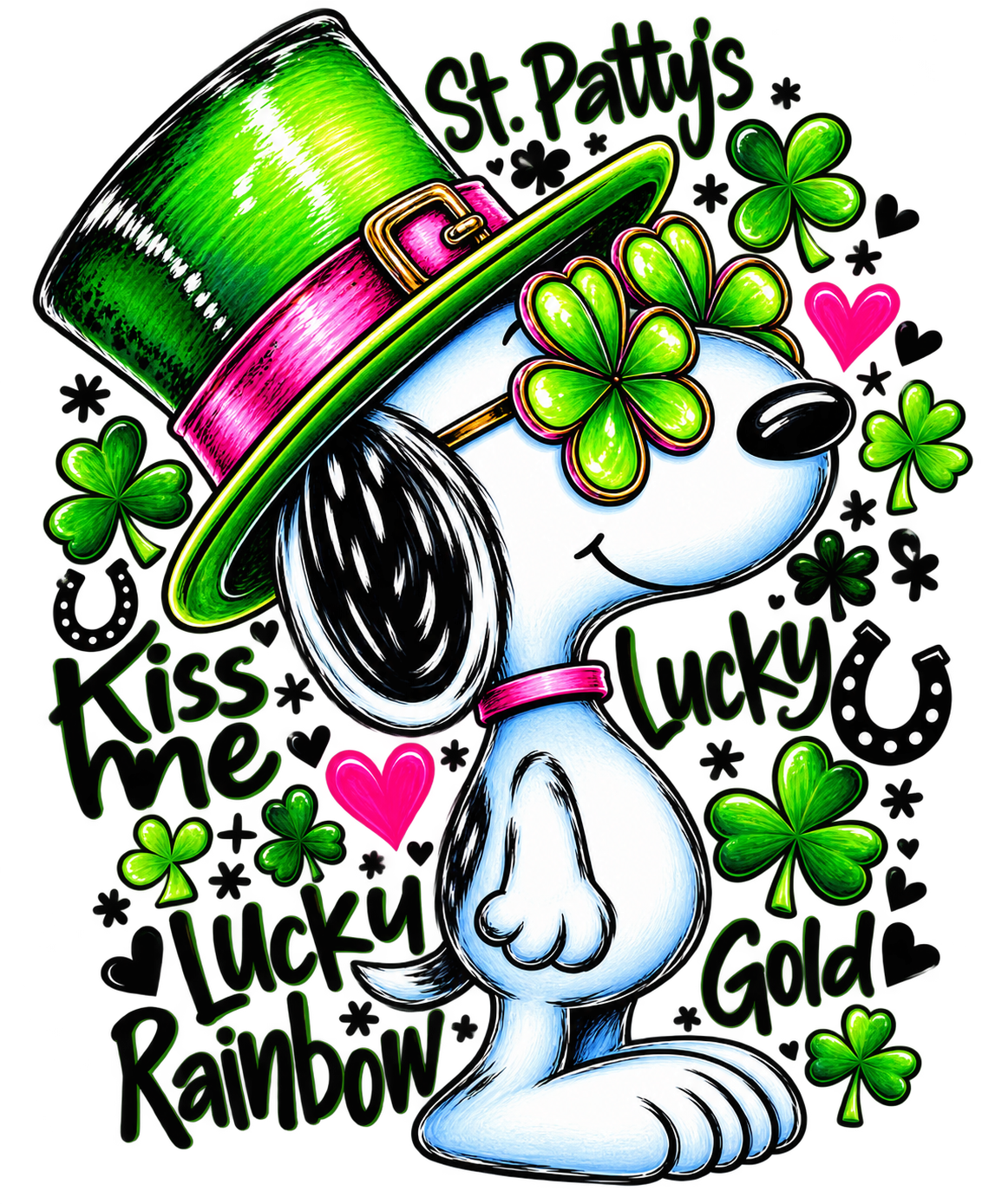 Snoopyy wearing a green St. Patrick's Day hat and shamrock glasses with pink hearts, shamrocks and lucky lettering