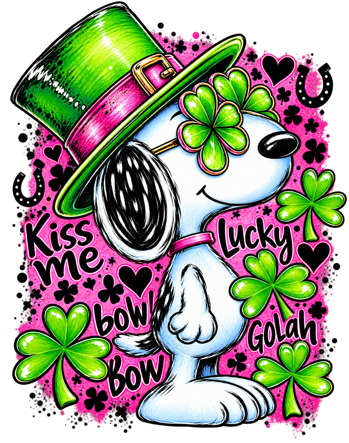 Snoopyy in a green hat and shamrock glasses on a bright pink splatter design with hearts, horseshoes and shamrocks