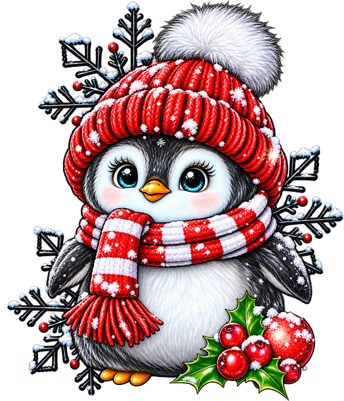 Cute snowy penguin wearing a red knit pom-pom hat and red-and-white striped scarf with holly berries and snowflakes
