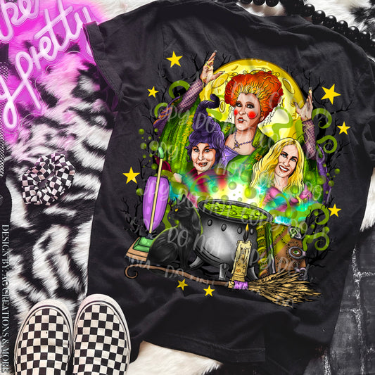 Three Halloween witches with a glowing green cauldron, black cat and full moon DTF transfer; garment not included
