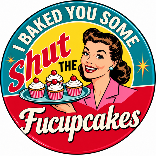 Retro pin-up cupcake design with Shut the Fucupcakes saying